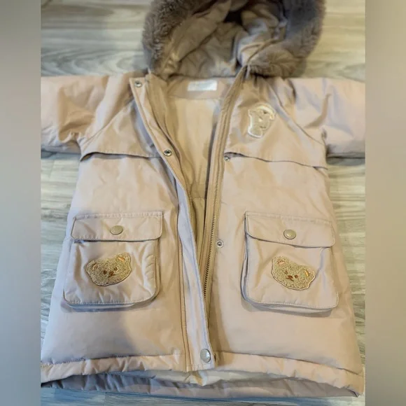 Paw Paw Baby Hooded Winter Coat Beige Teddy Bear Patch Size 100 (18–24M) - Picture 3 of 10